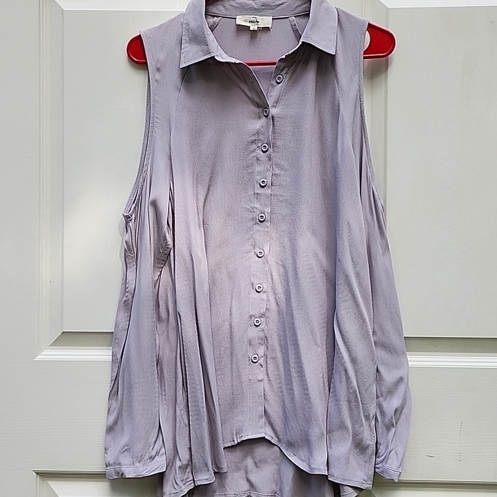 ENTRO Medium Women's Long Sleeve Grey Button Up Blouse Top Cold Shoulder